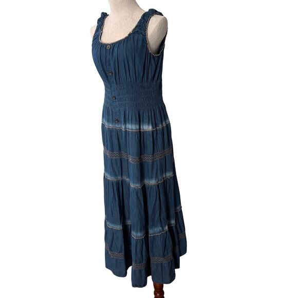 Denim Lapis  smocked maxi dress boho tiered cottagecore prairie L - Picture 6 of 11